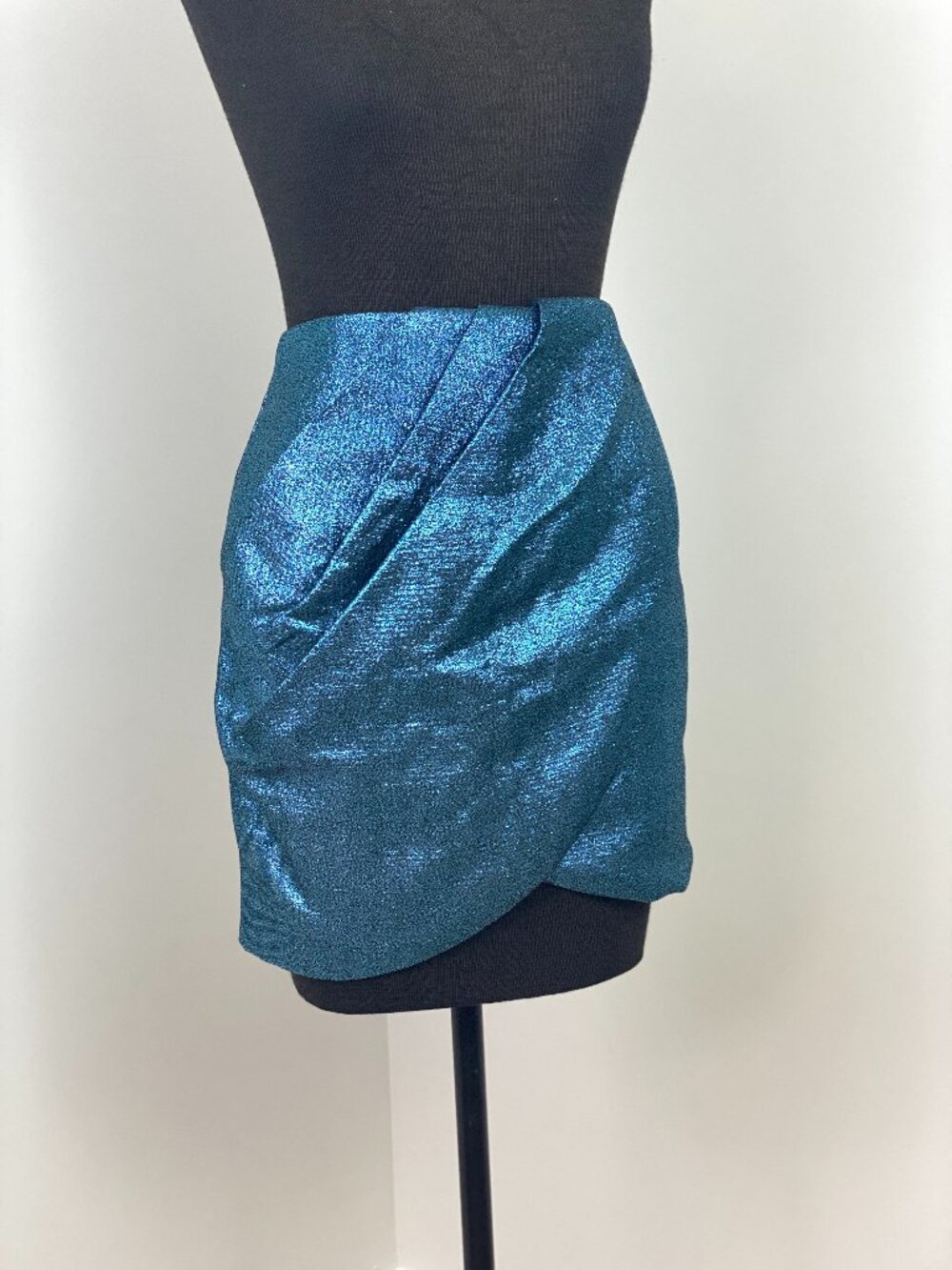 NWT NBD Metallic Teal Blue Asymmetrical Draped Wrap Mini Skirt - Size XS